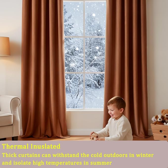 Timeper Burnt Orange Velvet Curtains W42 x L96 inches 2 Panels, Light Blocking - Image 3