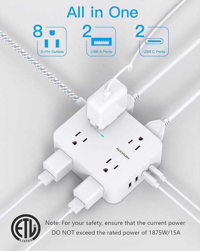 HANYCONY Extension Cord 20 Ft, Power Strip Surge Protector, Long Cord | 8 - Image 2