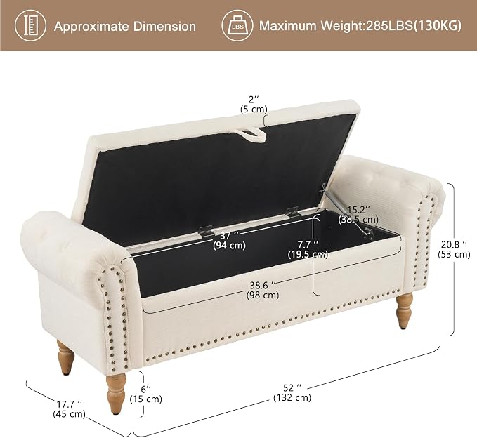 51” End of Bed Storage Bench, Bedroom Bench - Image 3