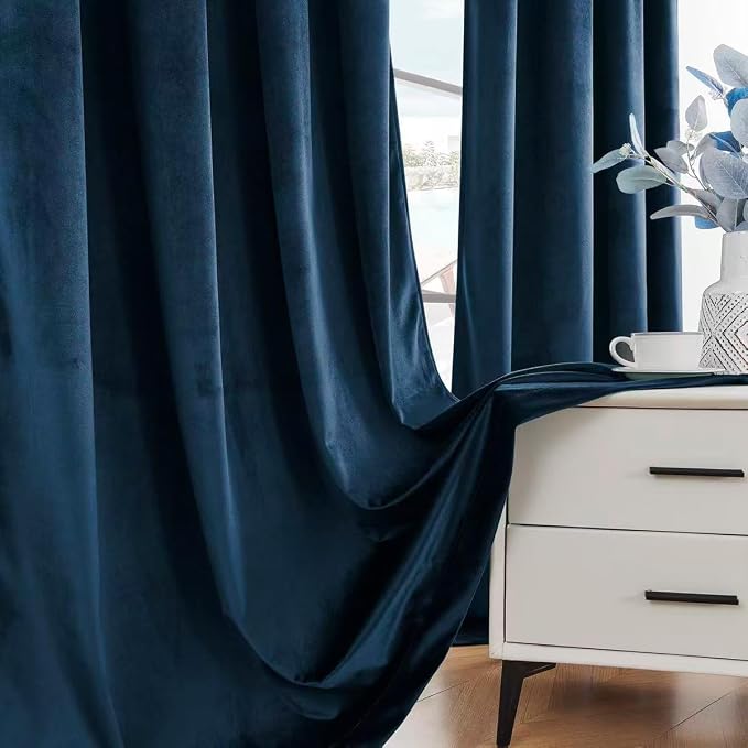 Timeper Dark Blue Velvet Curtains W52 x L96 inches 2 Panels, Back Tab & Rod - Image 6