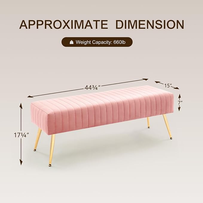 Furnimart 44 Inch Pink Velvet Ottoman Bench, Modern Upholstered Bedroom Benches - Image 3