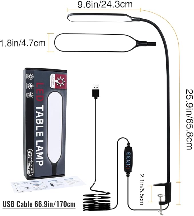 8W LED Desk Lamp with Long Gooseneck and USB Cable, 800LM | Metal Dimmable Clip - Image 9