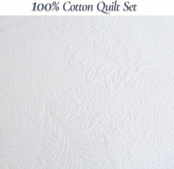 Cozy Line Home Fashions White Cotton Quilt Set Queen – 3-Piece Quilted - Image 2