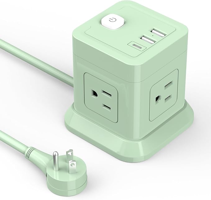 FDTEK Cube Power Strip USB C, 4 Outlets 3 USB 5 FT Extension Cord Green | Flat by FDTEK