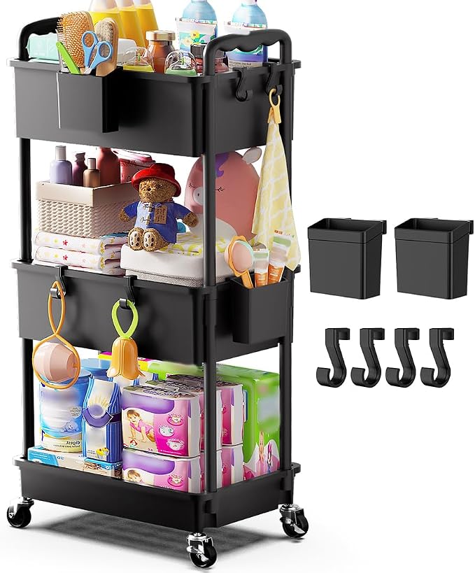 Goovilla Diaper Cart with Lockable Wheels and Easy Assembly, 3 Tier Black | by Goovilla