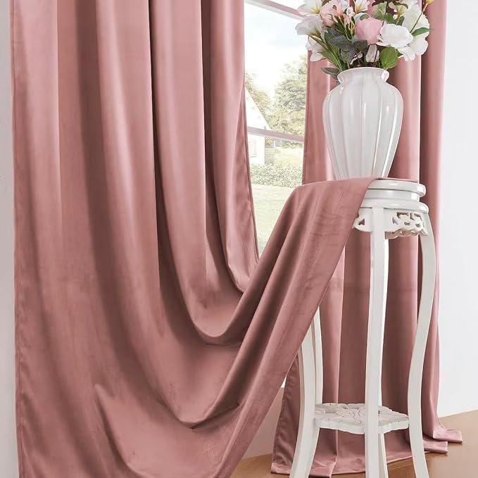 Timeper Wild Rose Pink Velvet Curtains W62 x L84 inches 2 Panels, Light - Image 6