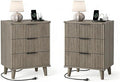 Wood Nightstands Set of 2 w/Charging Station, 3 Drawers Fluted Dresser | Dark by Lulive