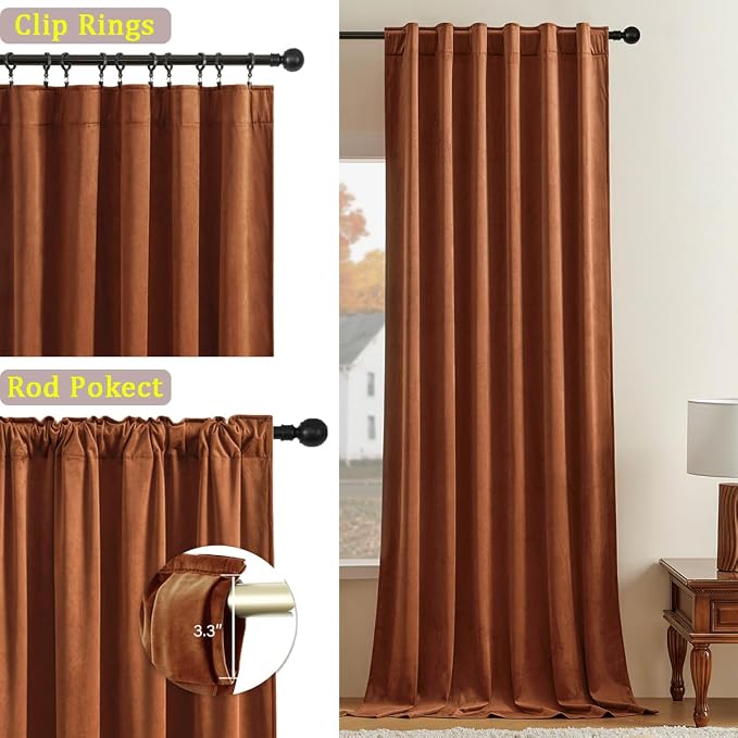 Timeper Burnt Orange Velvet Curtains 108 inches 2 Panels, Light Blocking - Image 2