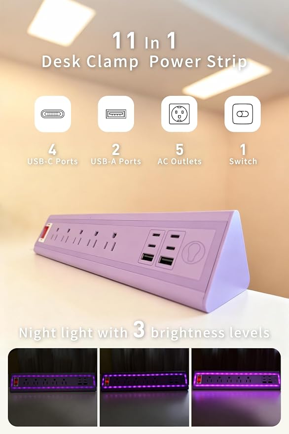 Desk Clamp Power Strip with Nightlight, 40W Fast Charging, 6FT Extension Cord - Image 2