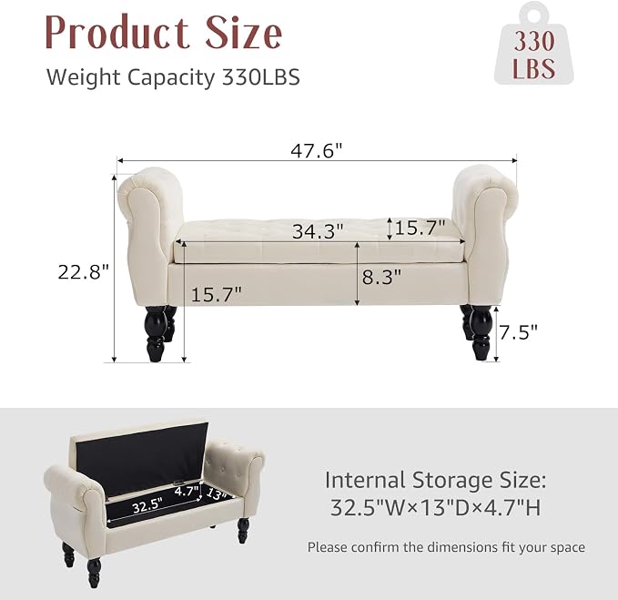 47.6" Storage Bench for End of Bed Bedroom, Velvet Ottoman Bench - Image 2