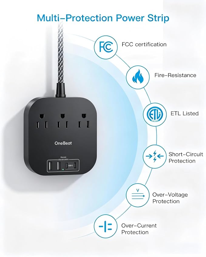 One Beat Power Strip with USB C, 3 Outlets 4 USB Ports, 6ft Short Braided - Image 4
