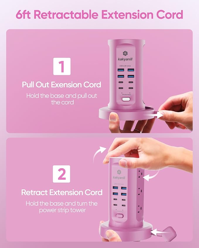 Power Strip Tower, kakyanill Charging Station 9 AC Outlets 8 USB Ports | 6 Ft - Image 2