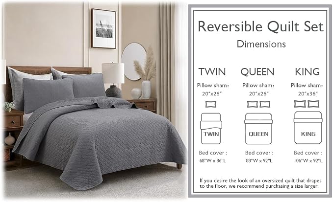 Cozy Line Home Fashions 100% Cotton Quilt Set – 3-Piece Charcoal Gray Solid - Image 7