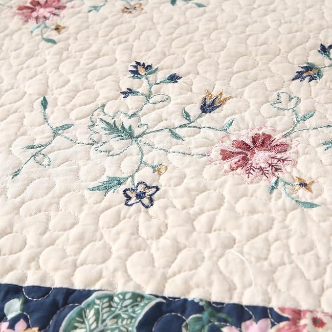 ROOMLIFE Quilt Set Full Floral Leaves 3D Embroidery Pattern 3-Piece Cotton | - Image 6