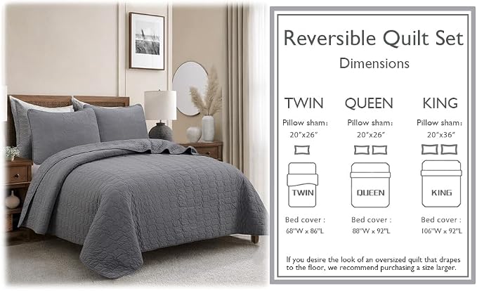 Cozy Line Home Fashions 100% Cotton Quilt Set – 3-Piece Charcoal Gray Solid - Image 7
