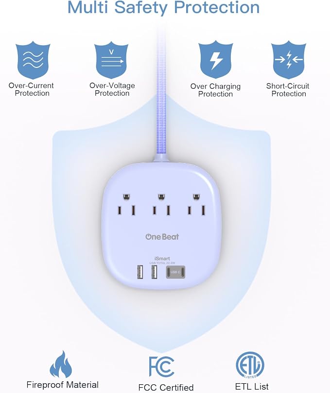 Cruise Ship Travel Essentials, 22.5W/4.5A Flat Plug Power Strip, 3 Outlets 4 - Image 6