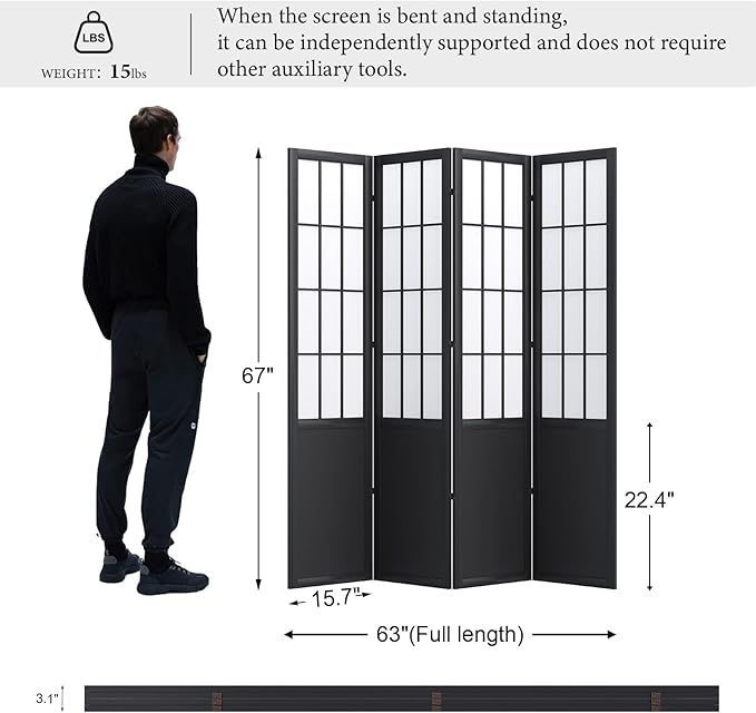 Room Divider, 66.9Inch Tall Japanese Shoji Style Folding Wood Screen - Image 6