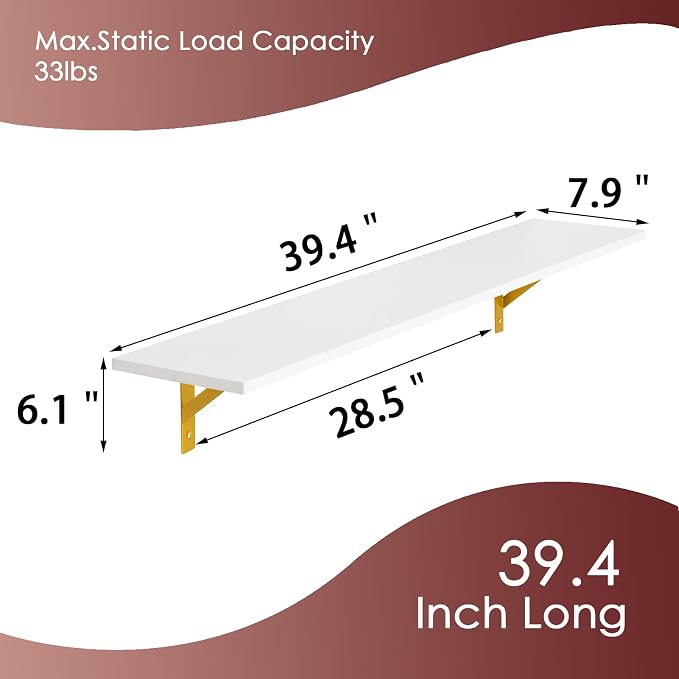 Long Wall Shelves, 39.4Inch Wooden Wall Mounted Shelves, Metal Brackets - Image 3
