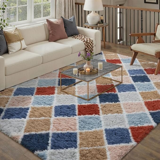6x9 Checkered Rug for Living Room Rainbow Modern Soft Area Rug Fluffy Non-Slip - Image 3