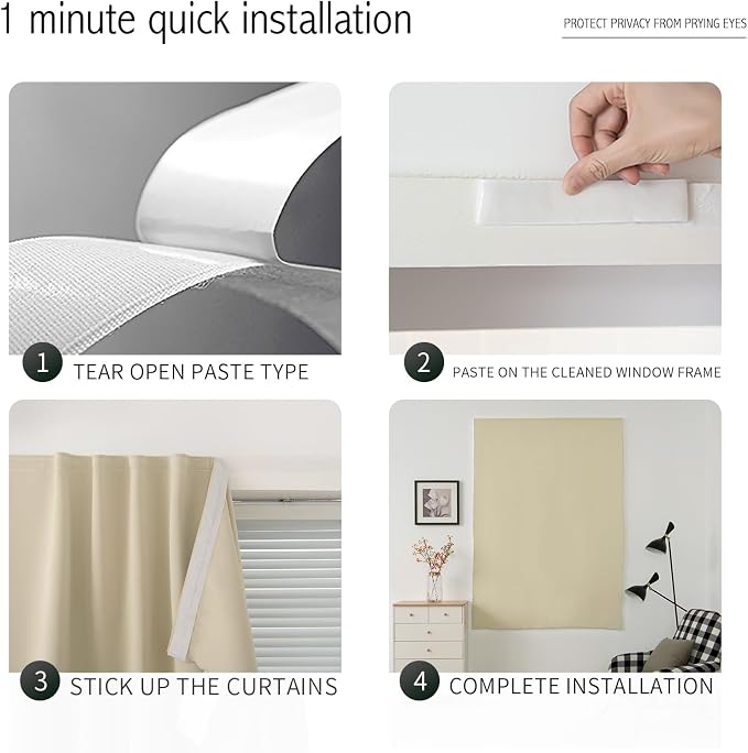 Thermal Blackout Curtains with Self Adhesive Tape No Rod No Drill Easy Install - Image 3