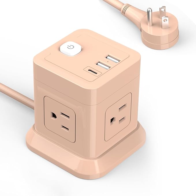 FDTEK Cube Power Strip USB C, 4 Outlets 3 USB 10 FT Extension Cord Pink | 10ft by FDTEK