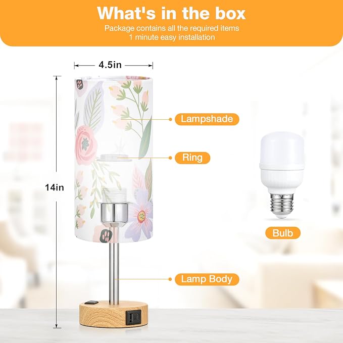 Floral Touch Lamp for Bedroom- 3 Way Dimmable Bedside Lamp USB C A Charging - Image 5
