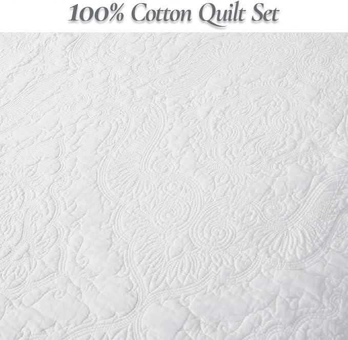 Cozy Line Home Fashions Solid White 100% Cotton Quilt Set, Queen | 3-Piece - Image 4