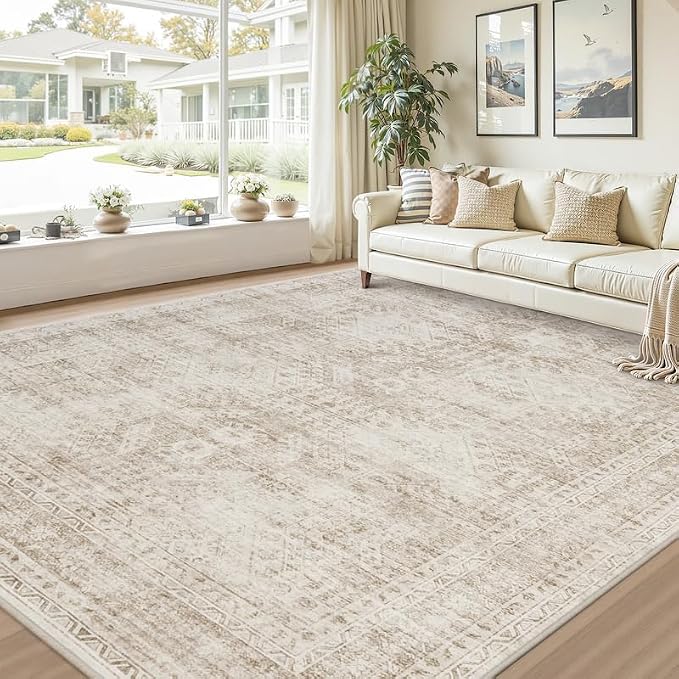 10x12 Area Rugs Living Room: Bedroom Neutral Washable Carpet Brown | Vintage - Image 9