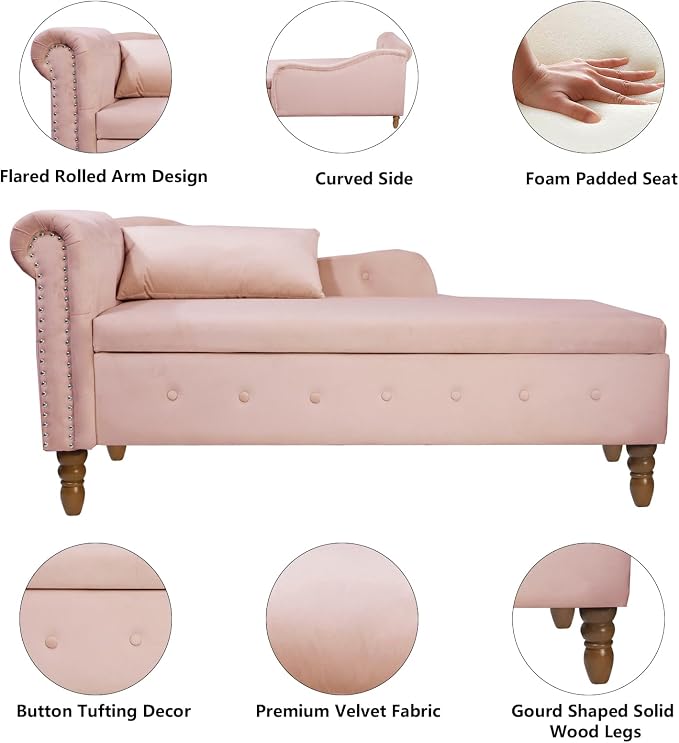Aoowow Pink Velvet Bedroom Storage Bench End of Bed, Rolled Arm Couch Indoor - Image 3