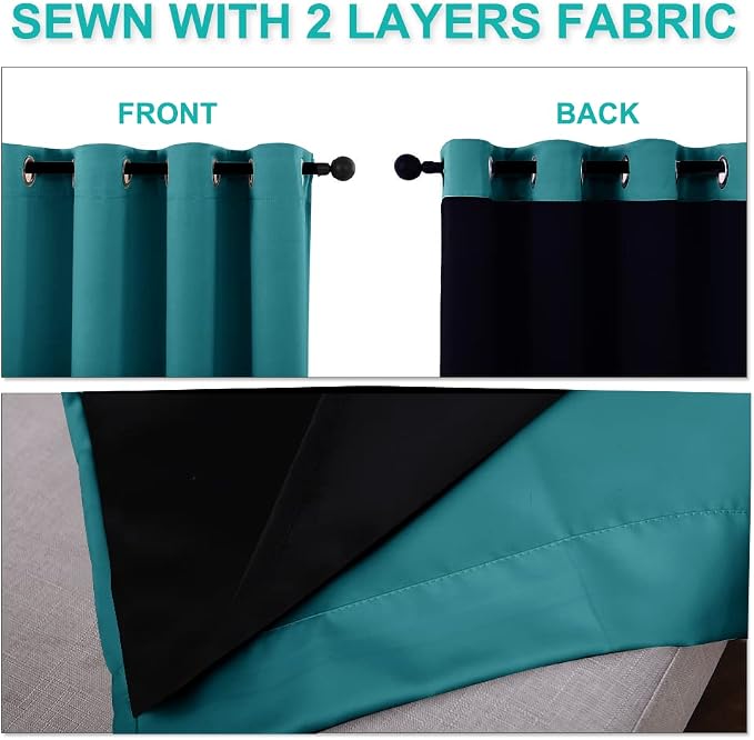 NICETOWN Peacock Teal 100% Blackout Lined Curtains, 2 Thick Layers Completely - Image 5