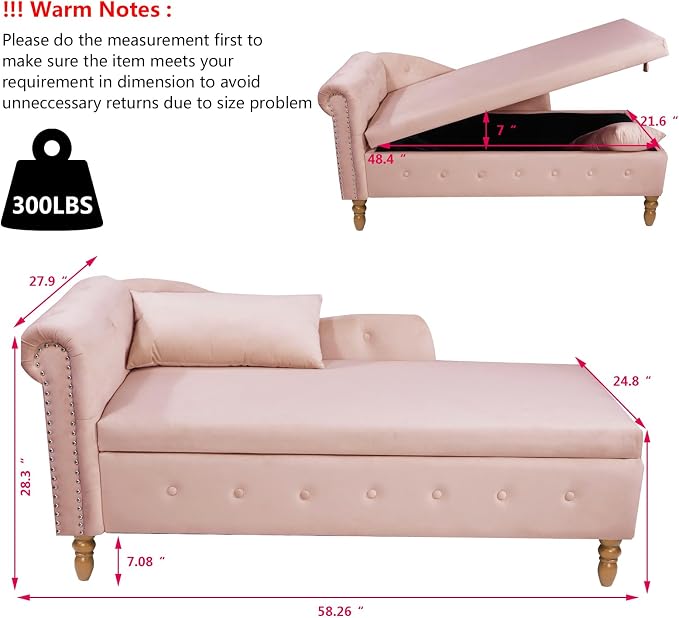 Aoowow Pink Velvet Bedroom Storage Bench End of Bed, Rolled Arm Couch Indoor - Image 2