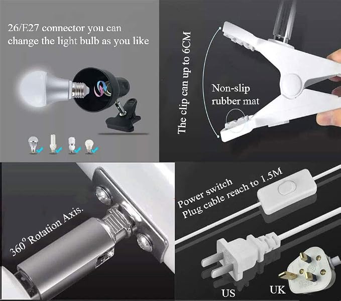 RONG&LAN Clip lamp, 360° Rotation Clip on Lamp Portable Book Reading Light - Image 6