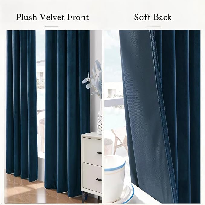Timeper Dark Blue Velvet Curtains W52 x L96 inches 2 Panels, Back Tab & Rod - Image 4