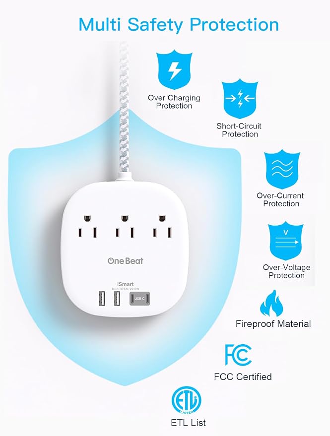 10 Ft Long Extension Cord, 22.5W/4.5A Cruise Ship Flat Plug Power Strip | 3 - Image 6