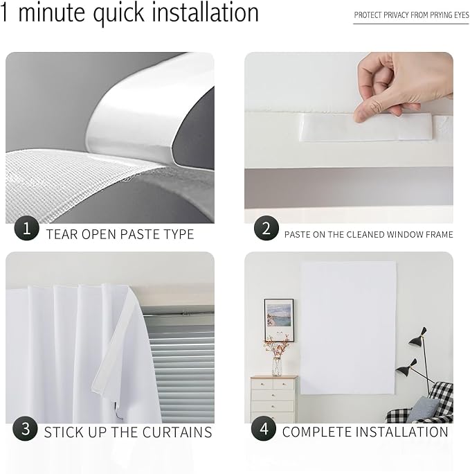 Blackout Curtains with Self Adhesive Tape No Rod No Drill Easy Install Window - Image 4