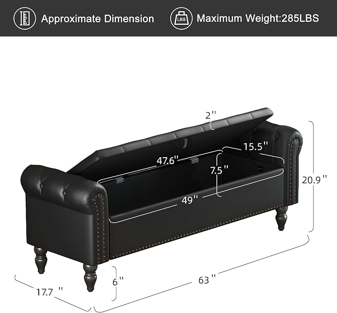 63” End of Bed Bench, Bedroom Bench - Image 3