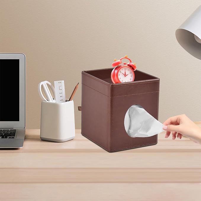 Tissue Box Cover Square Tissue Box Holder PU Leather Facial Tissues Organizer - Image 4