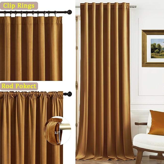 Timeper Gold Brown Velvet Curtains W62 x L96 inches 2 Panels, Light Blocking - Image 2
