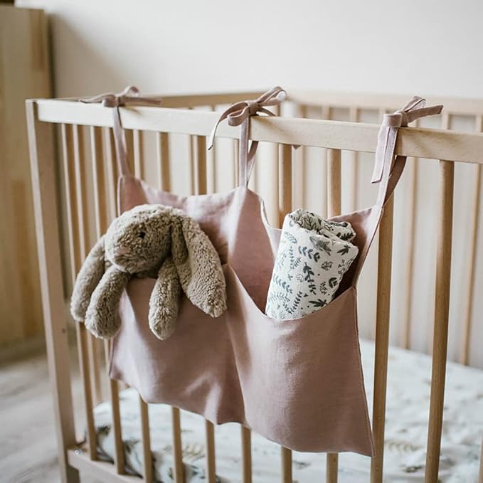 Linen Baby Bedside Hanging Storage Bag, 2 Pockets Organizer - Image 2
