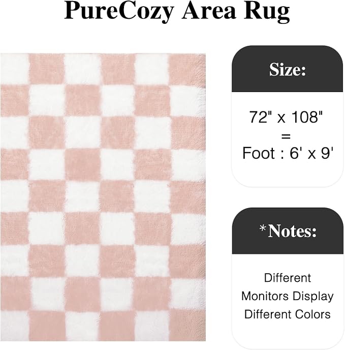 Pink Area Rug 6x9 for Living Room Soft Checkered Shag Carpet | Machine Washable - Image 2