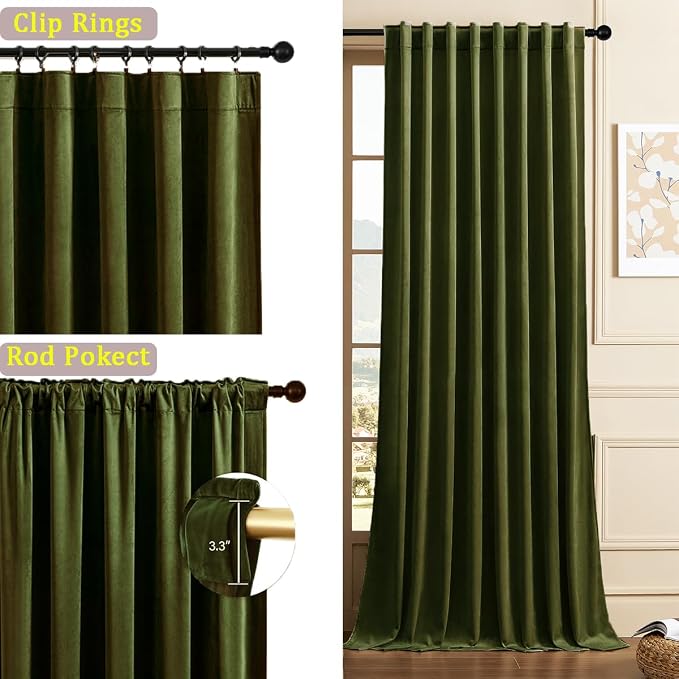 Timeper Hunter Green Velvet Curtains W52 x L84 inches 2 Panels, Back Tab & Rod - Image 2
