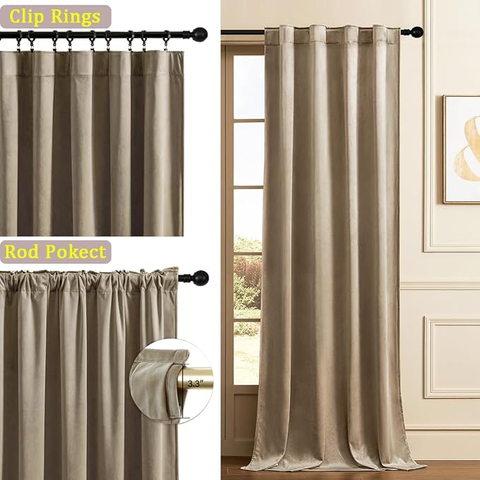 Timeper Taupe Velvet Curtain W104 x L84 inches 1 Panel, Thermal Insulated Light - Image 2