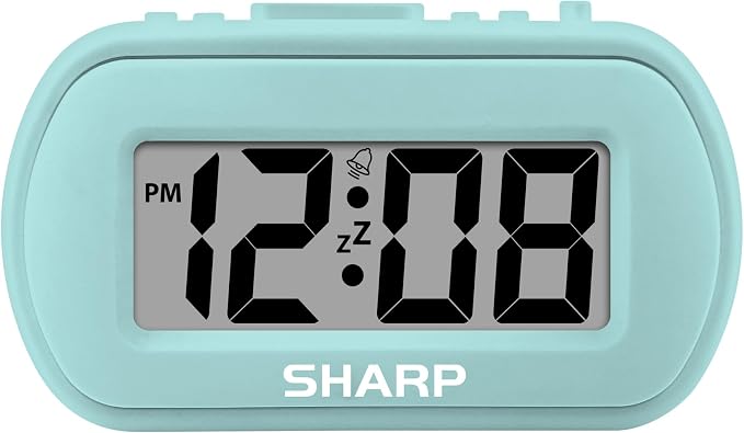 Sharp Battery Alarm Clock with Soft-Touch Case and Blue Backlight, Mint | by SHARP