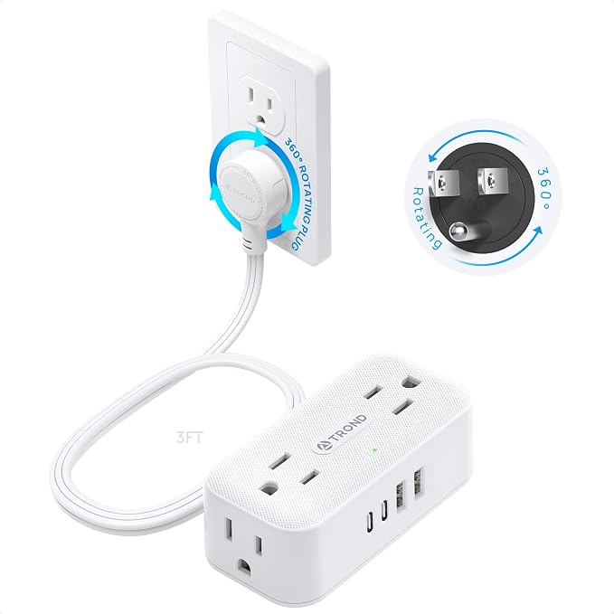 TROND 360° Rotating Flat Plug Power Strip 3ft, 4 Widely AC Outlets, Wall Mount by TRONDOfficial