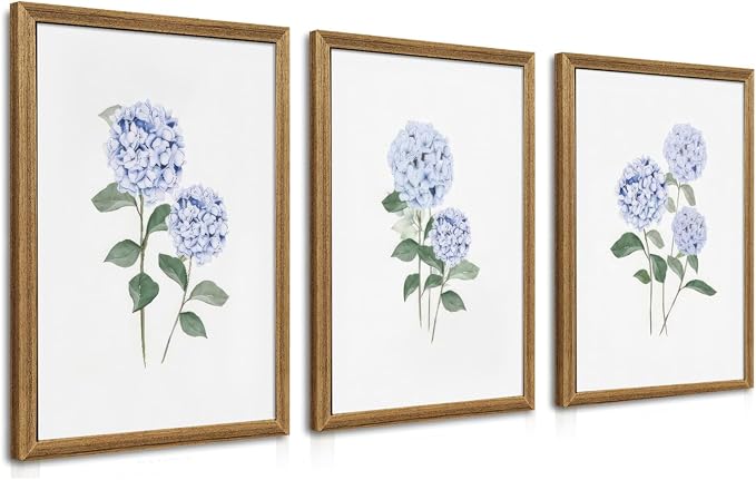 WRFON Blue Hydrangea Framed Wall Art Set of 3, Watercolor Floral Botanical by Unknown