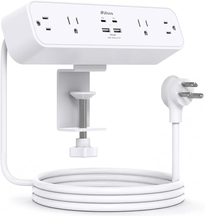 Mifaso PD65W Desk Clamp Power Strip, 1080J Surge Protector, 2 USB C | 4 Outlets by Mifaso