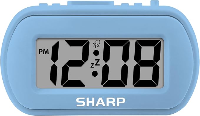 Sharp Battery Alarm Clock with Soft-Touch Case and Backlight, Light Blue | by SHARP