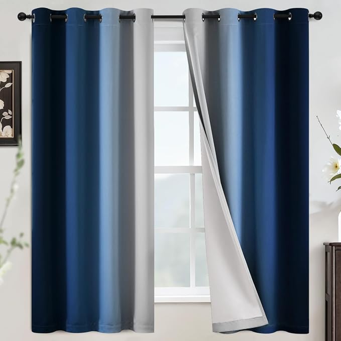 COSVIYA Grommet 100% Blackout Blue Ombre Curtains White Back, W52xL63 Inch | 2 by COSVIYA