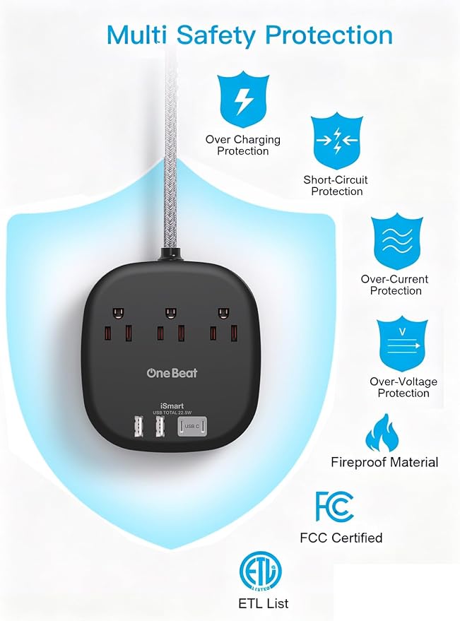 Cruise Ship Travel Essentials, 3Ft Short Extention Cord, 22.5W/4.5A, Dorm Room - Image 7