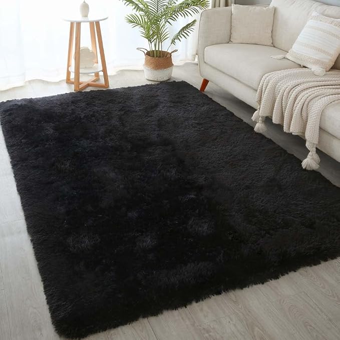 5x7 Black Shag Rug for Bedroom, Soft Plush Fluffy Washable Carpet | Area Rug by KICHOWUA